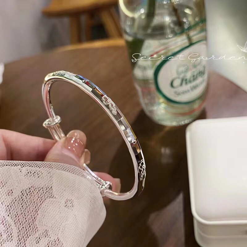 Round Stick Laser IDO Sliding Pull Bracelet Pure Silver 999 Shiny Surface