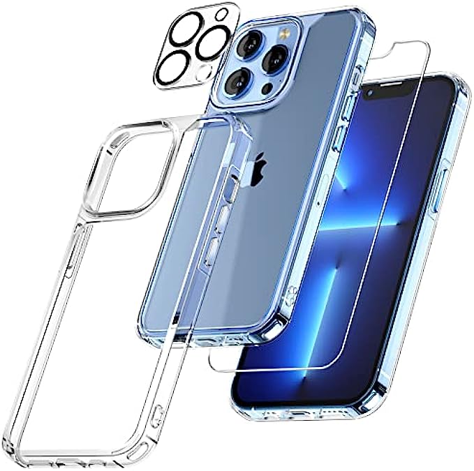 TAURI [5 in 1] Designed for iPhone 13 Pro Case, Not Yellowing, with 2 Tempered Glass Screen Protector + 2 Camera Lens Protector [Military Grade Protection] Shockproof Slim Phone Case 6.1 Inch, Clear