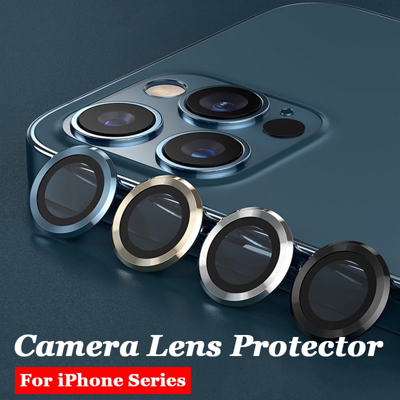 For iPhone 11 12 13 14 Pro Max / 14 Plus Rear Camera Lens Metal Protector Ring With Tempered Glass