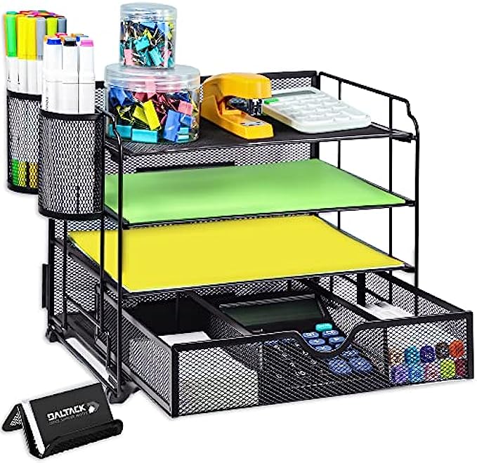 DALTACK 4-Trays Desktop File Organizer with Pen Holder，Letter Tray Paper Organizer with Drawer and Pen Holders，Black Mesh Office Supplies File Holder，Desk Organizer for Office School Home