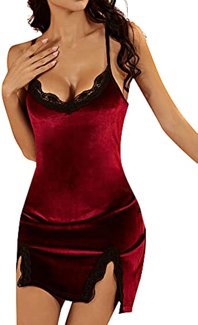 LYANER Women's Contrast Lace Split Hem Sleeveless Velvet Chemise Nightgown Nightdress Sleepwear